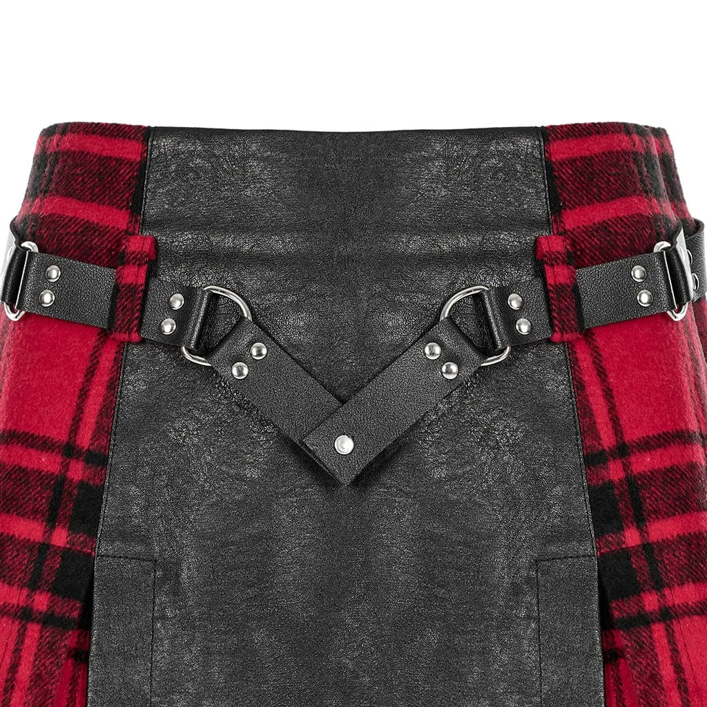 Women's Grunge Faux Leather Splice Plaid Skirt