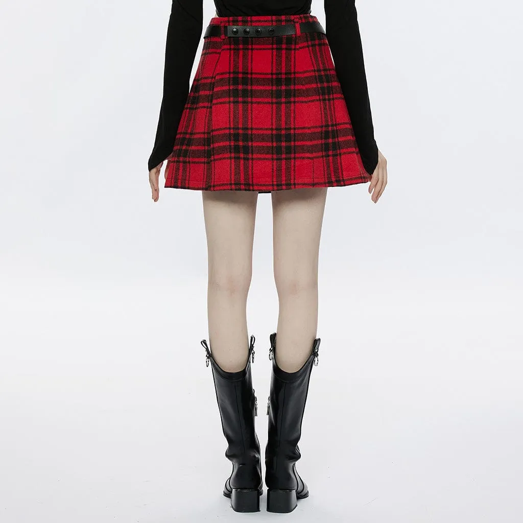 Women's Grunge Faux Leather Splice Plaid Skirt