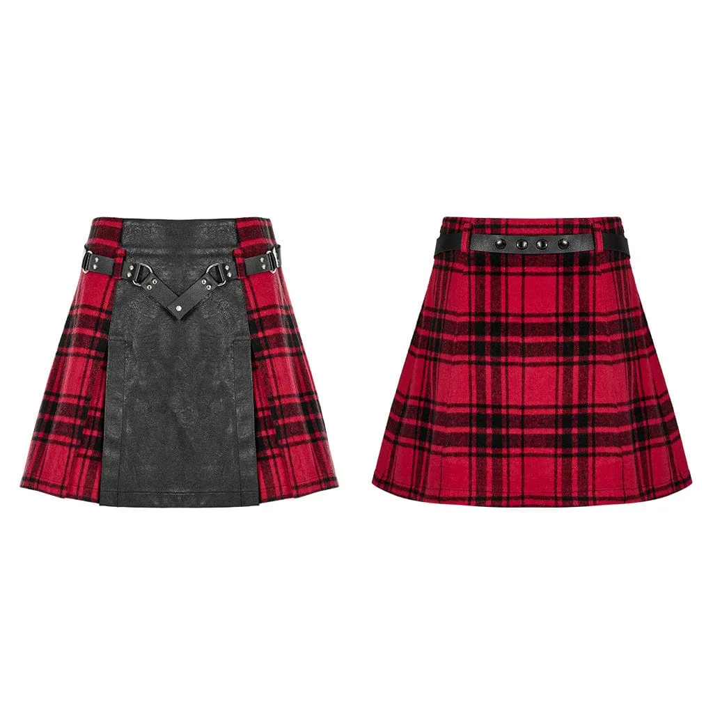 Women's Grunge Faux Leather Splice Plaid Skirt