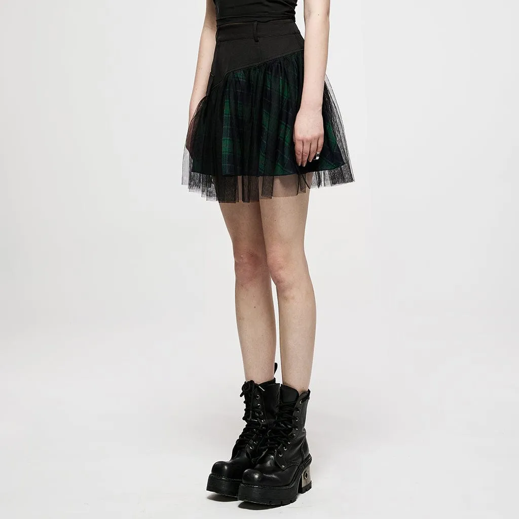 Women's Grunge High-waisted Mesh Green Plaid Short Skirt