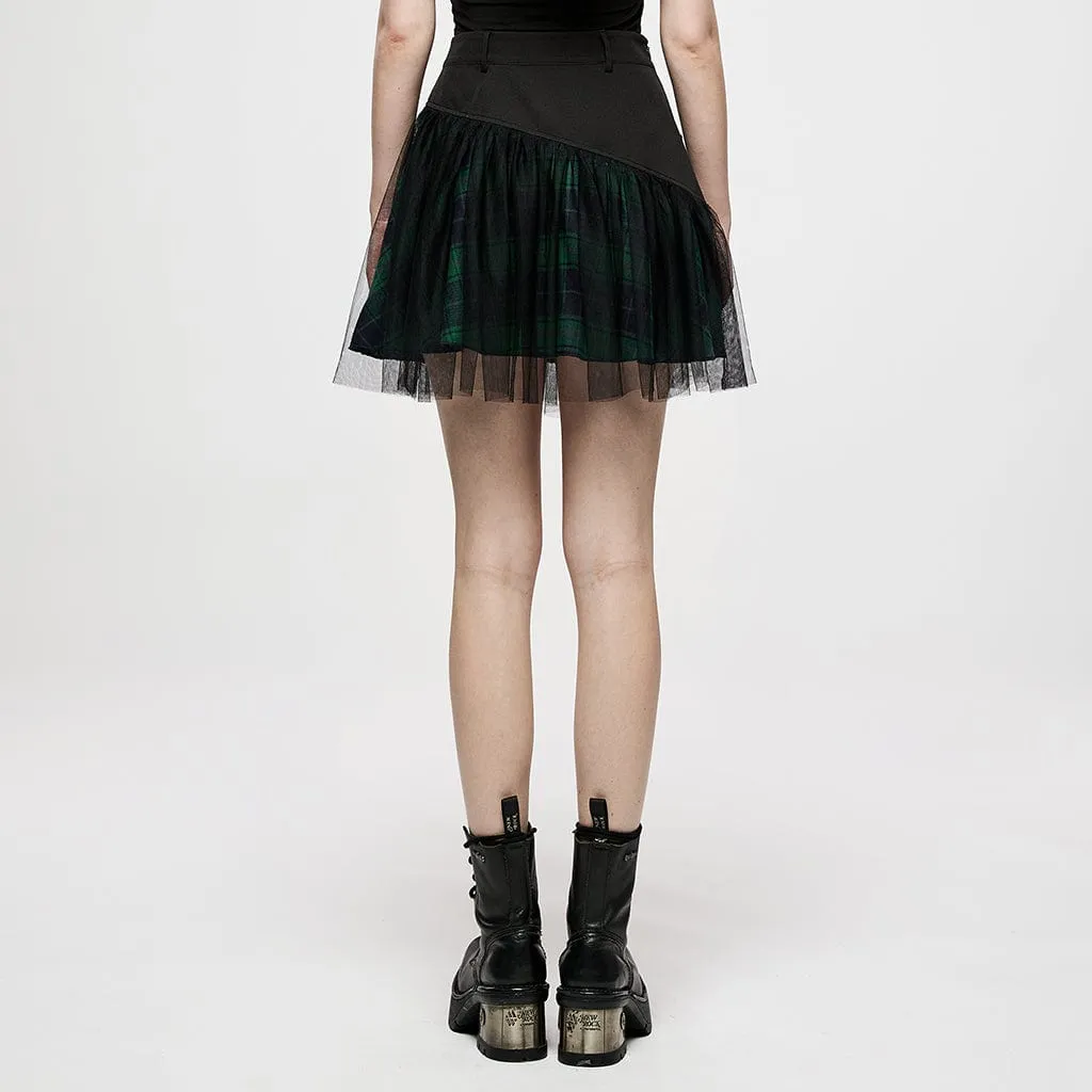 Women's Grunge High-waisted Mesh Green Plaid Short Skirt