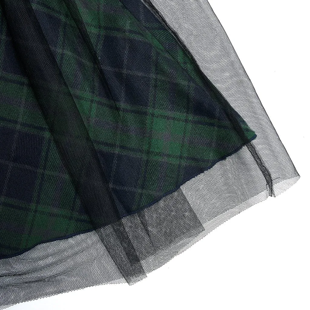 Women's Grunge High-waisted Mesh Green Plaid Short Skirt
