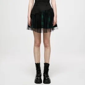 Women's Grunge High-waisted Mesh Green Plaid Short Skirt
