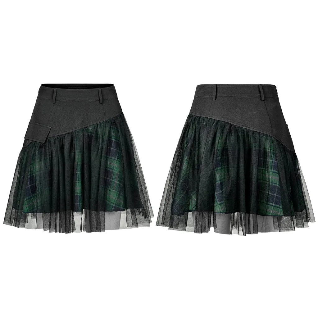 Women's Grunge High-waisted Mesh Green Plaid Short Skirt