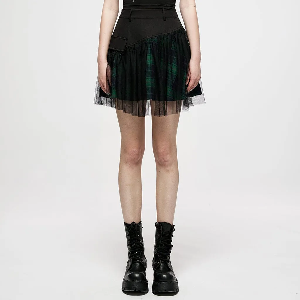 Women's Grunge High-waisted Mesh Green Plaid Short Skirt