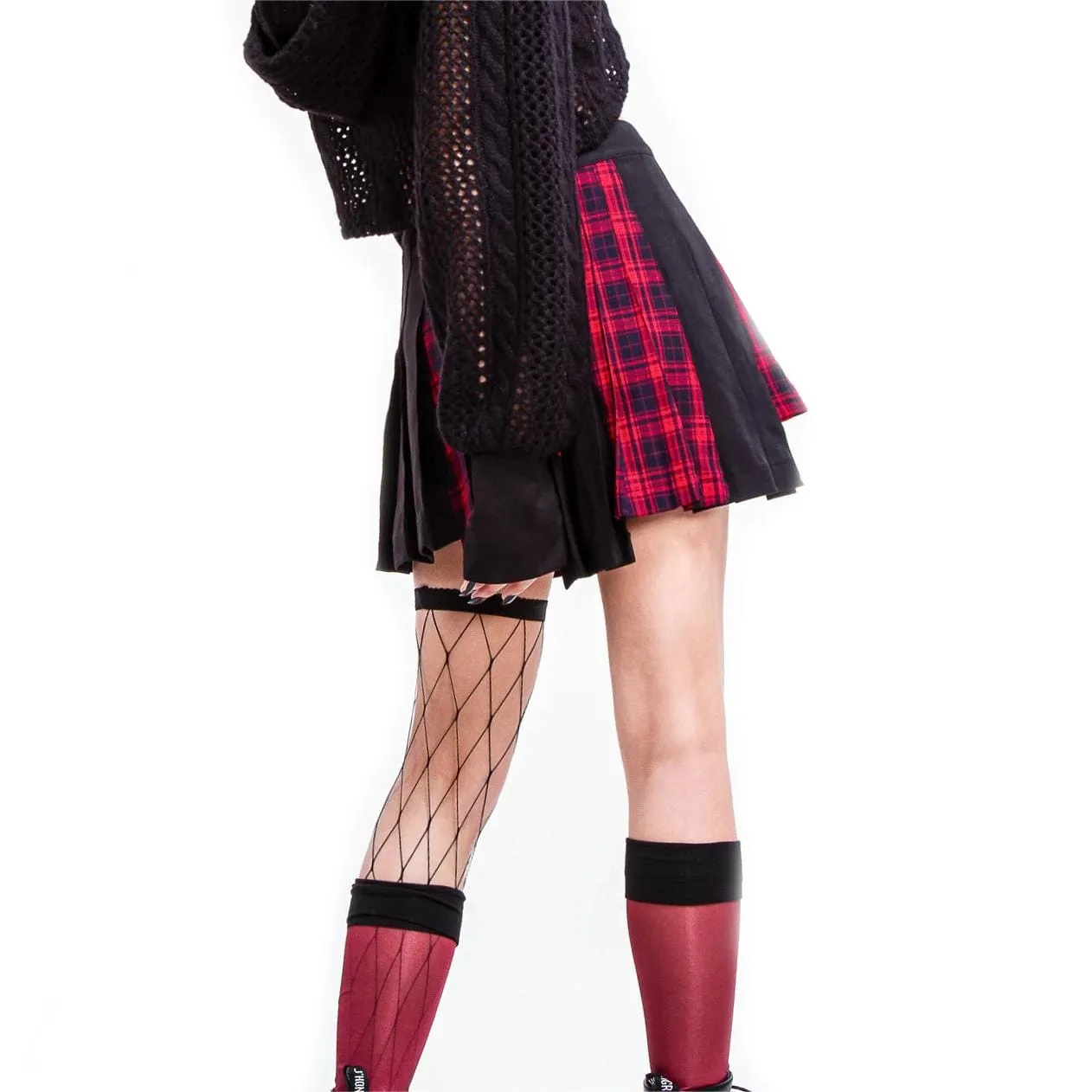 Women's Grunge Irregular Plaid Splice Pleated Skirt Red