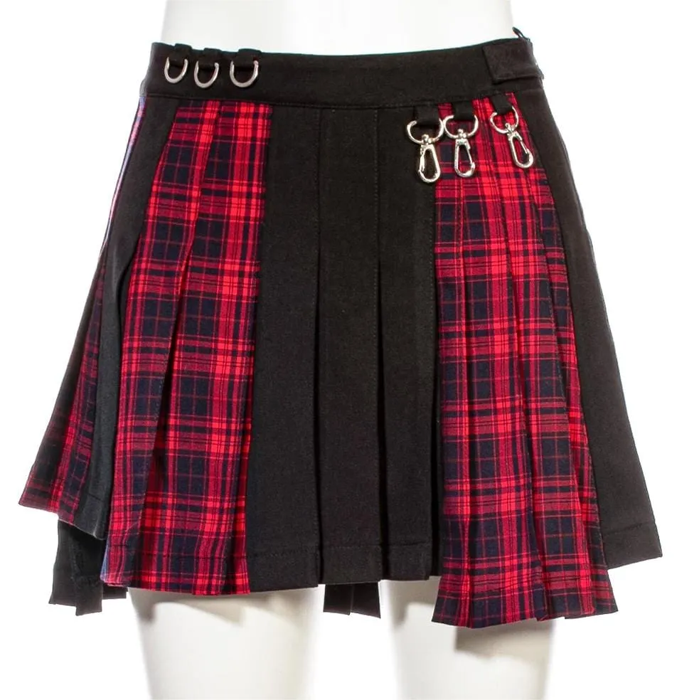 Women's Grunge Irregular Plaid Splice Pleated Skirt Red
