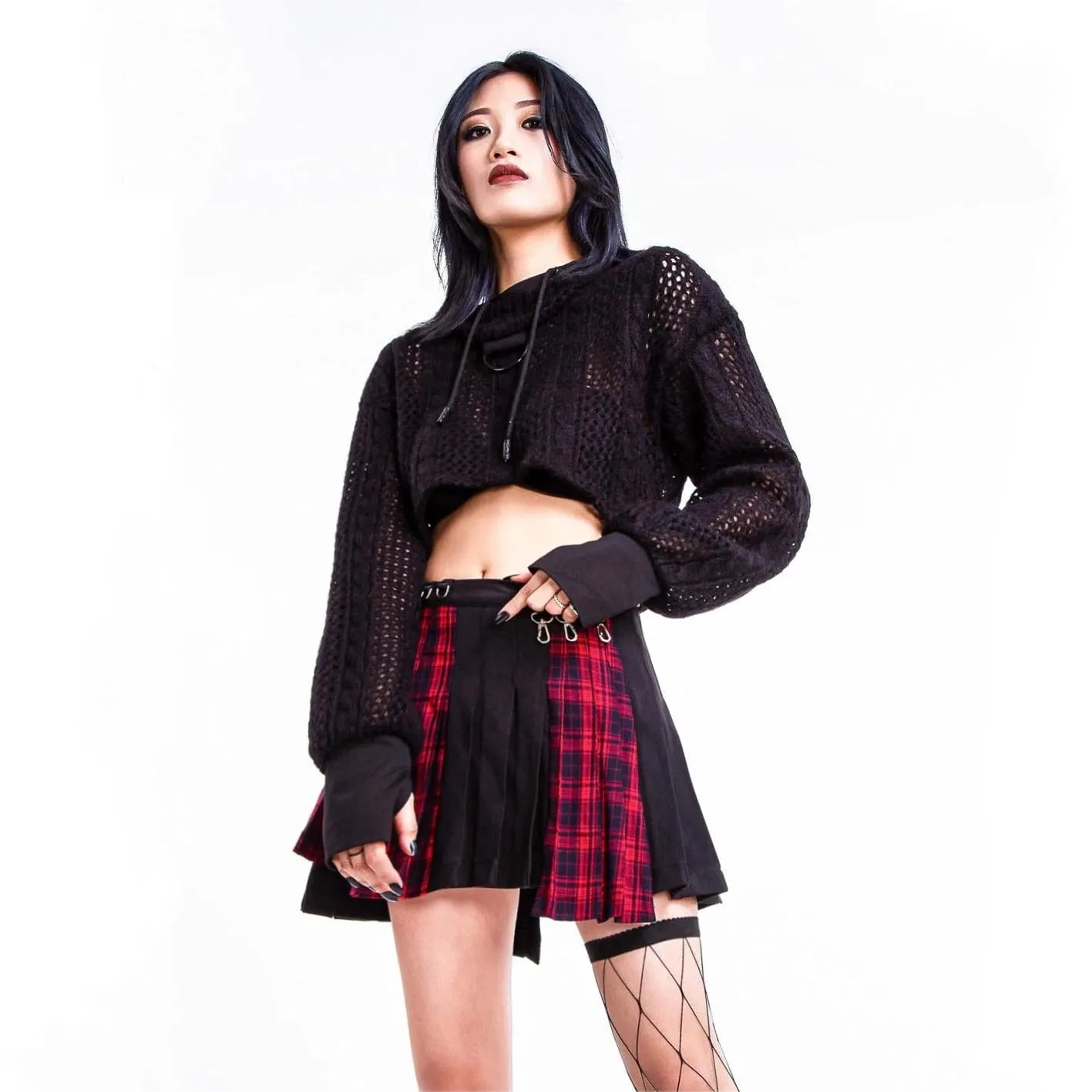 Women's Grunge Irregular Plaid Splice Pleated Skirt Red