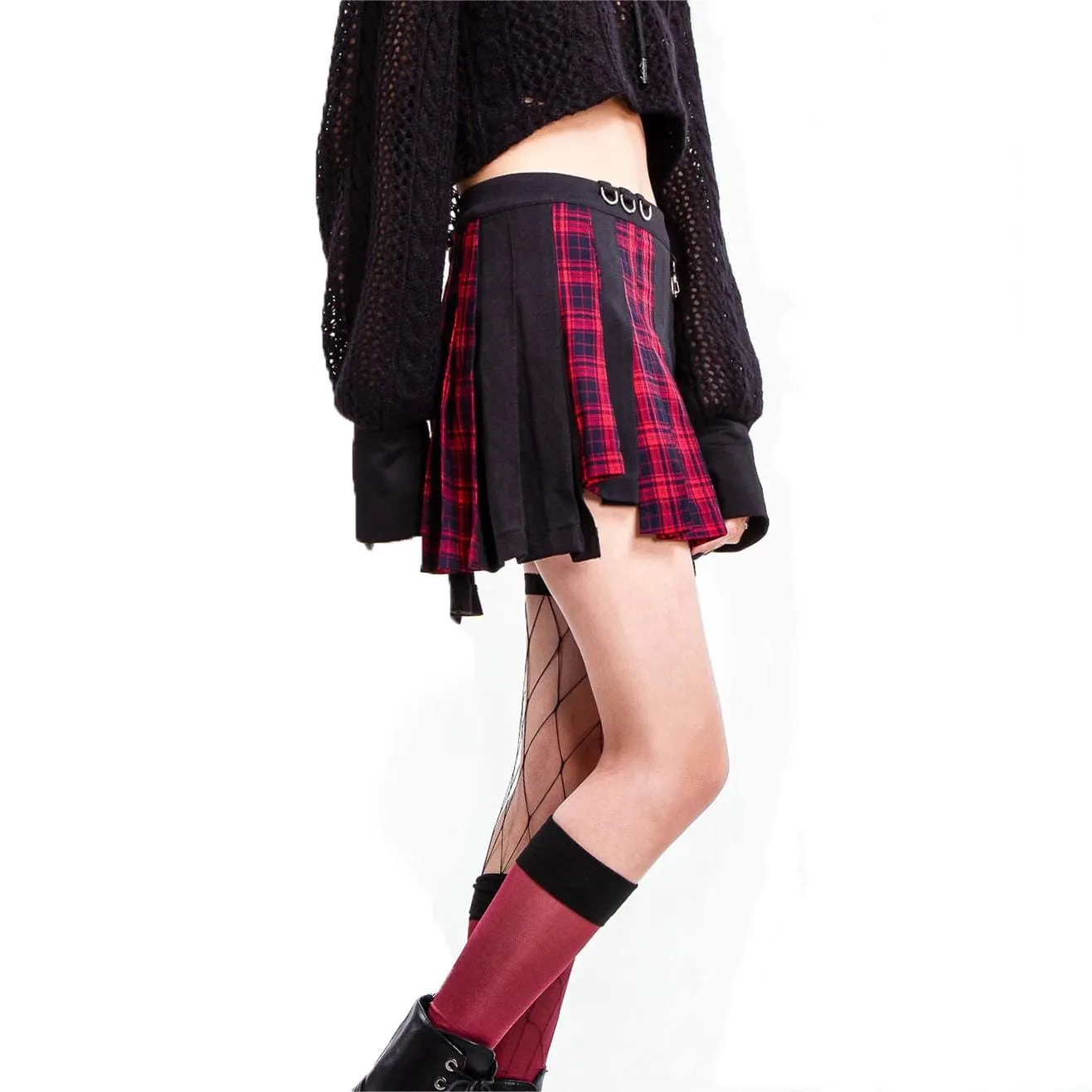 Women's Grunge Irregular Plaid Splice Pleated Skirt Red