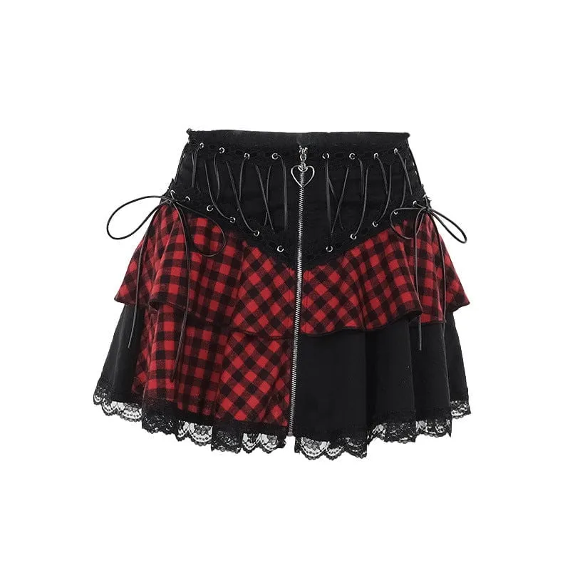 Women's Grunge Lace Plaid Short Skirt Black Red