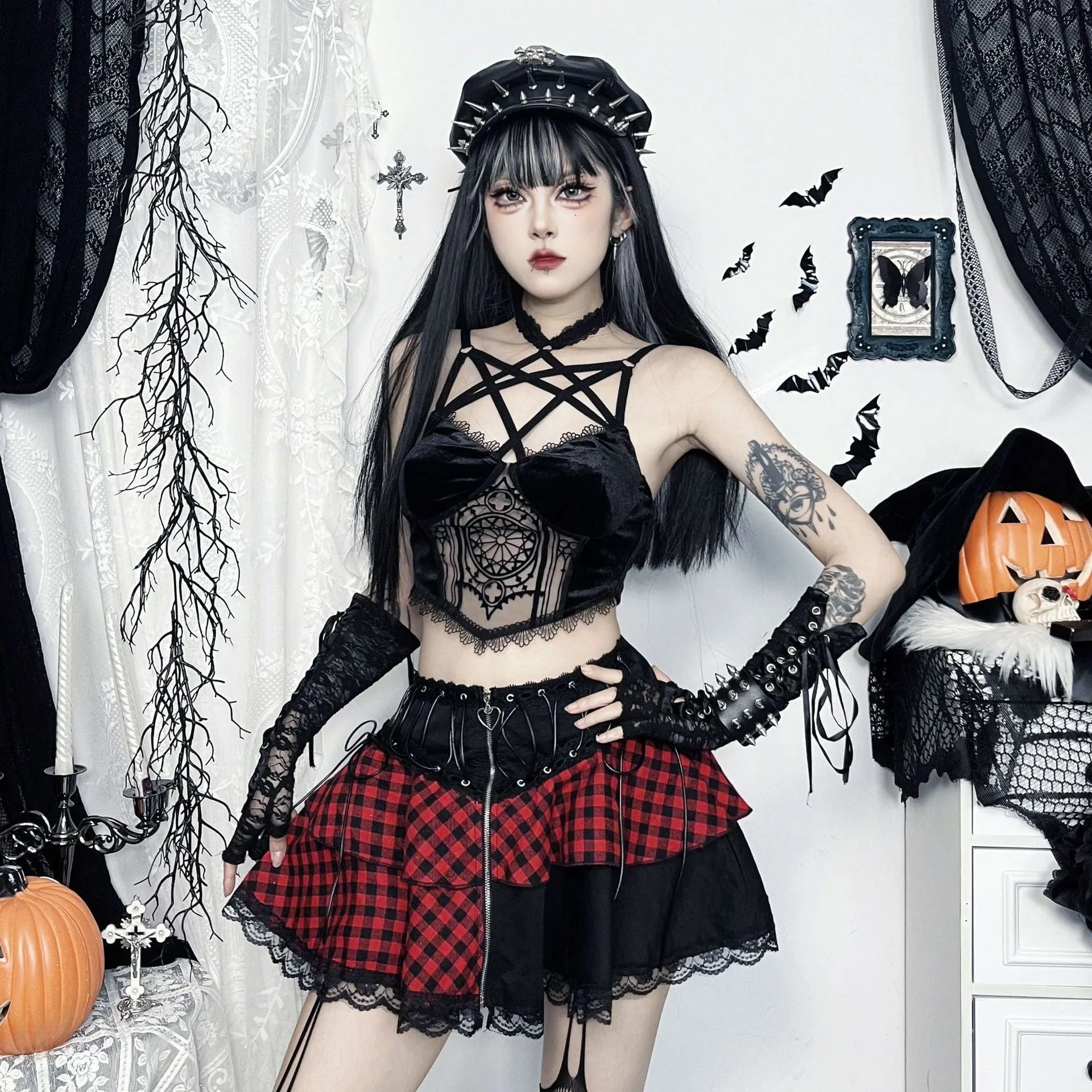 Women's Grunge Lace Plaid Short Skirt Black Red