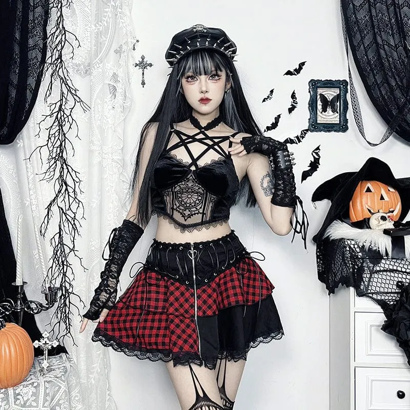 Women's Grunge Lace Plaid Short Skirt Black Red