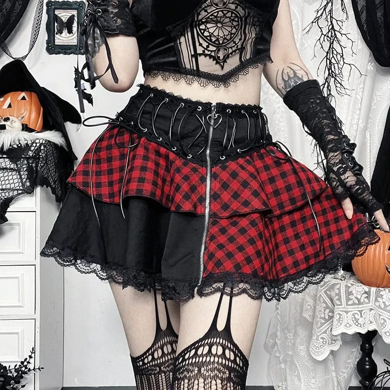 Women's Grunge Lace Plaid Short Skirt Black Red