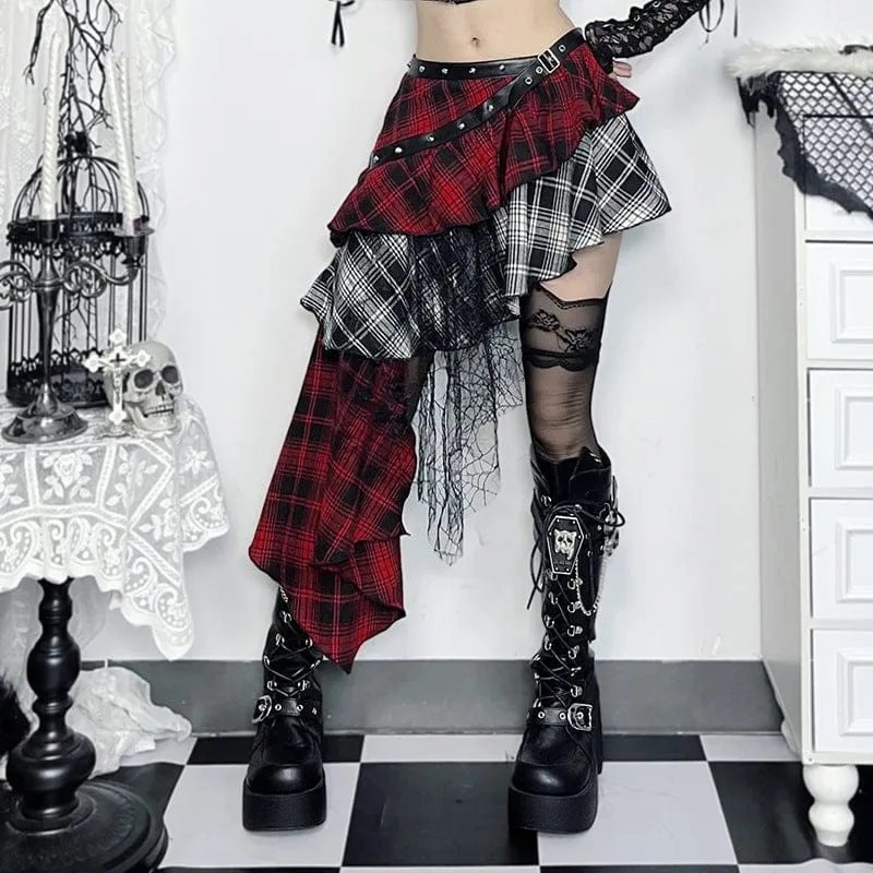 Women's Grunge Plaid Irregular Hem Skirt Black Red