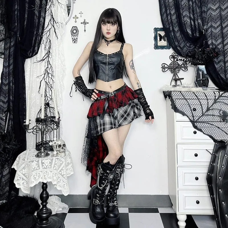 Women's Grunge Plaid Irregular Hem Skirt Black Red
