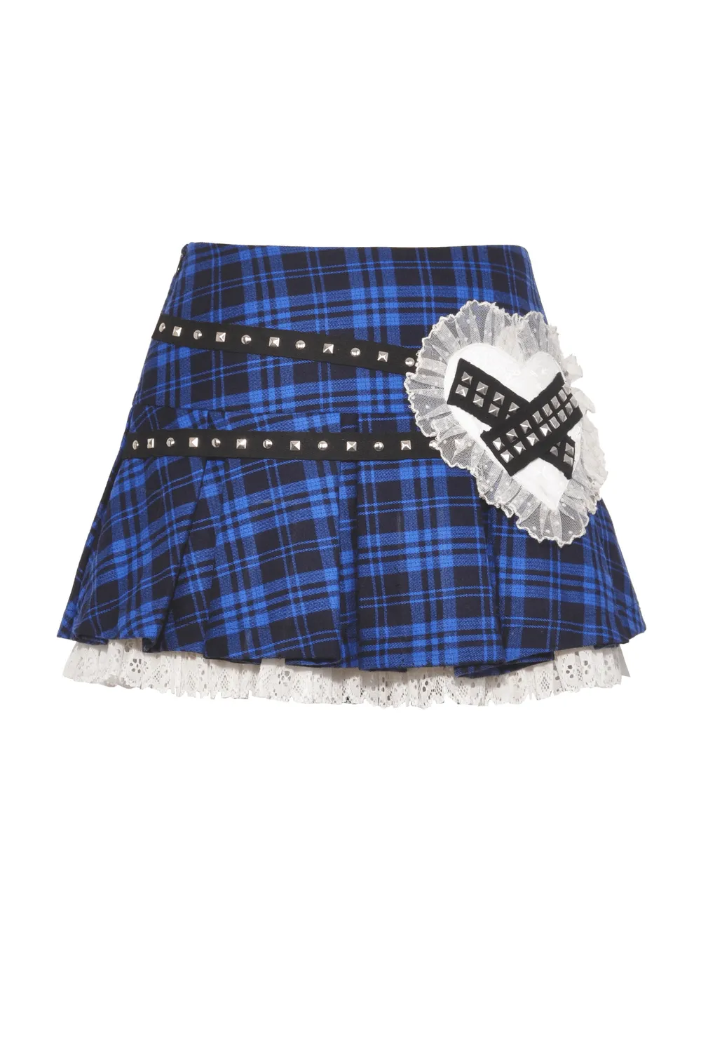Women's Grunge Plaid Mini Skirt with Lace Trim and Rivets