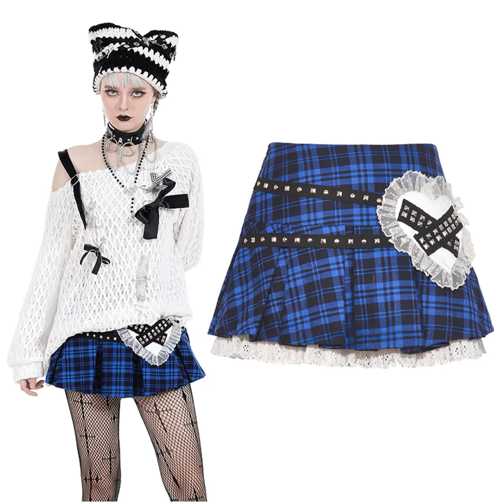Women's Grunge Plaid Mini Skirt with Lace Trim and Rivets