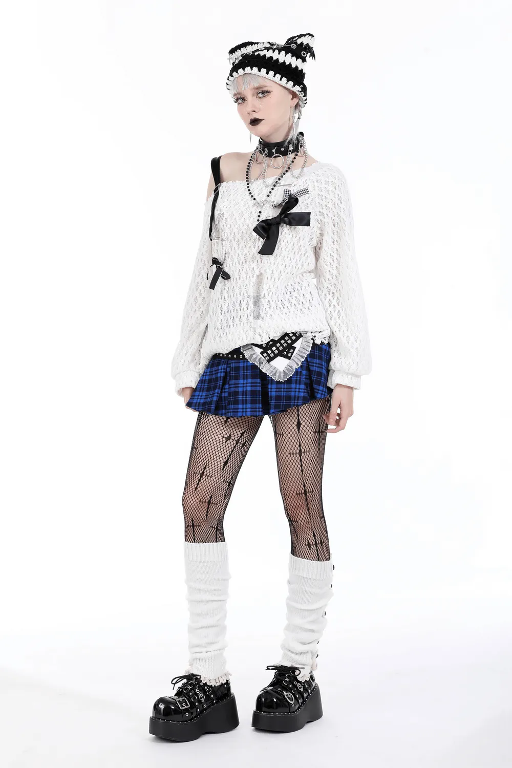 Women's Grunge Plaid Mini Skirt with Lace Trim and Rivets