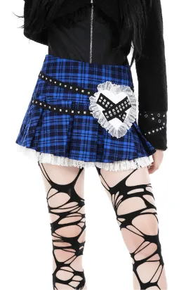 Women's Grunge Plaid Mini Skirt with Lace Trim and Rivets