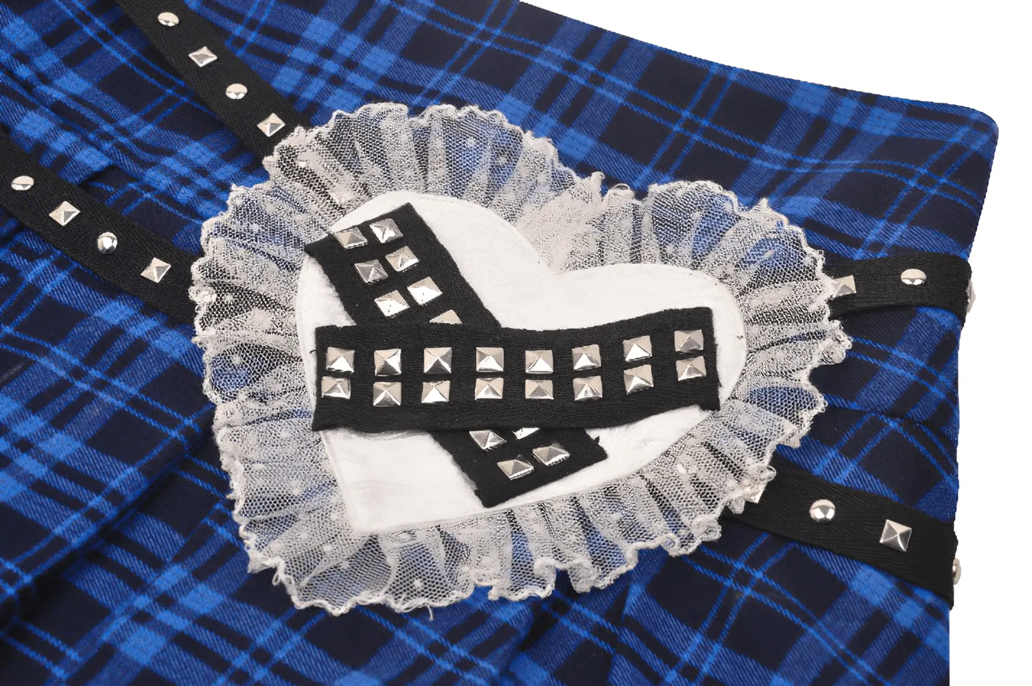 Women's Grunge Plaid Mini Skirt with Lace Trim and Rivets