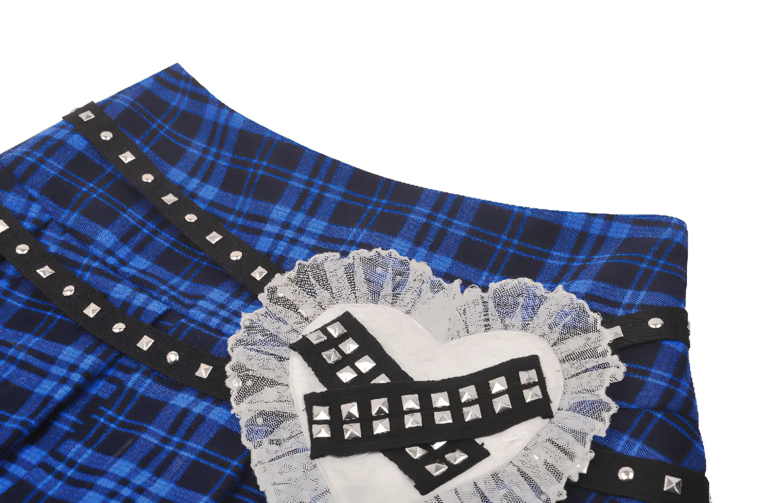 Women's Grunge Plaid Mini Skirt with Lace Trim and Rivets