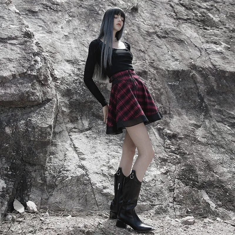 Women's Grunge Plaid Splice Mesh Skirt