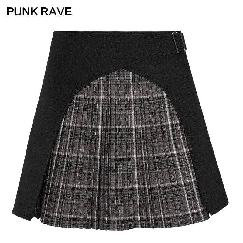 Women's Grunge Plaid Splice Pleated Skirt