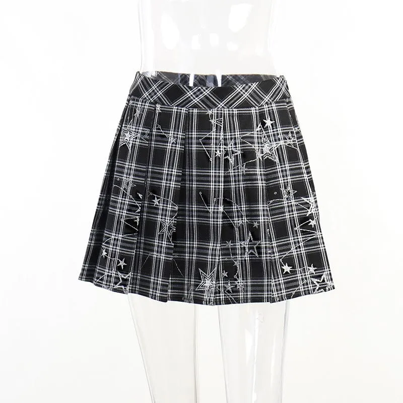 Women's Grunge Star Printed Plaid Pleated Skirt