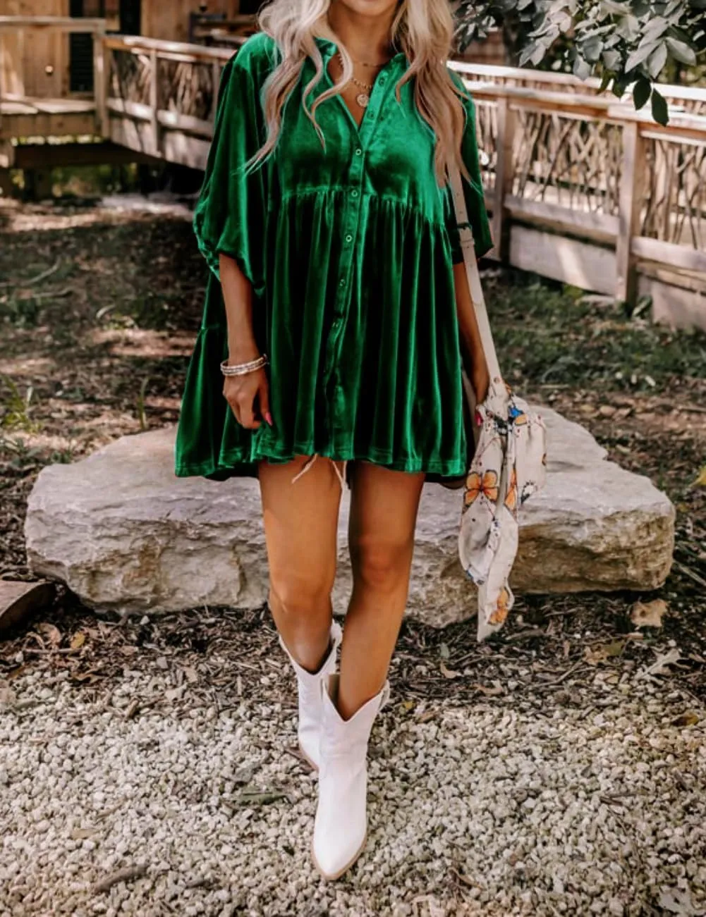 Womens Velvet Dress Button Down T Shirt 3/4 Sleeve Tunic Dresses Casual Babydoll Mini Dress