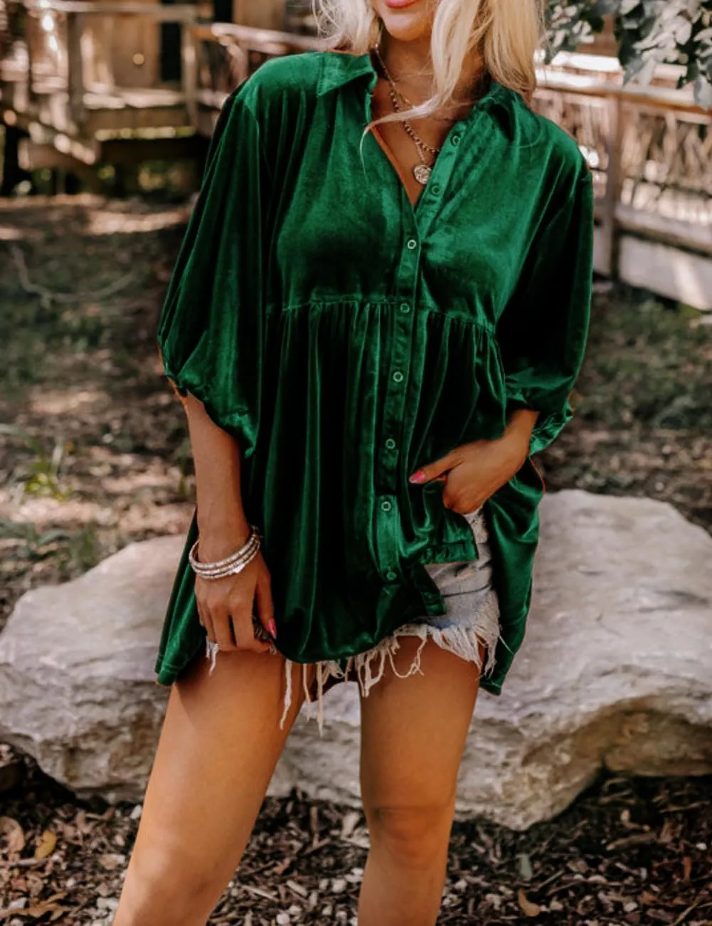 Womens Velvet Dress Button Down T Shirt 3/4 Sleeve Tunic Dresses Casual Babydoll Mini Dress