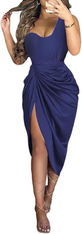 xxxiticat Women's Ruched Midi Dress Sleeveless Spaghetti Straps One Shoulder Asymmetric High Split Slip Party Dress