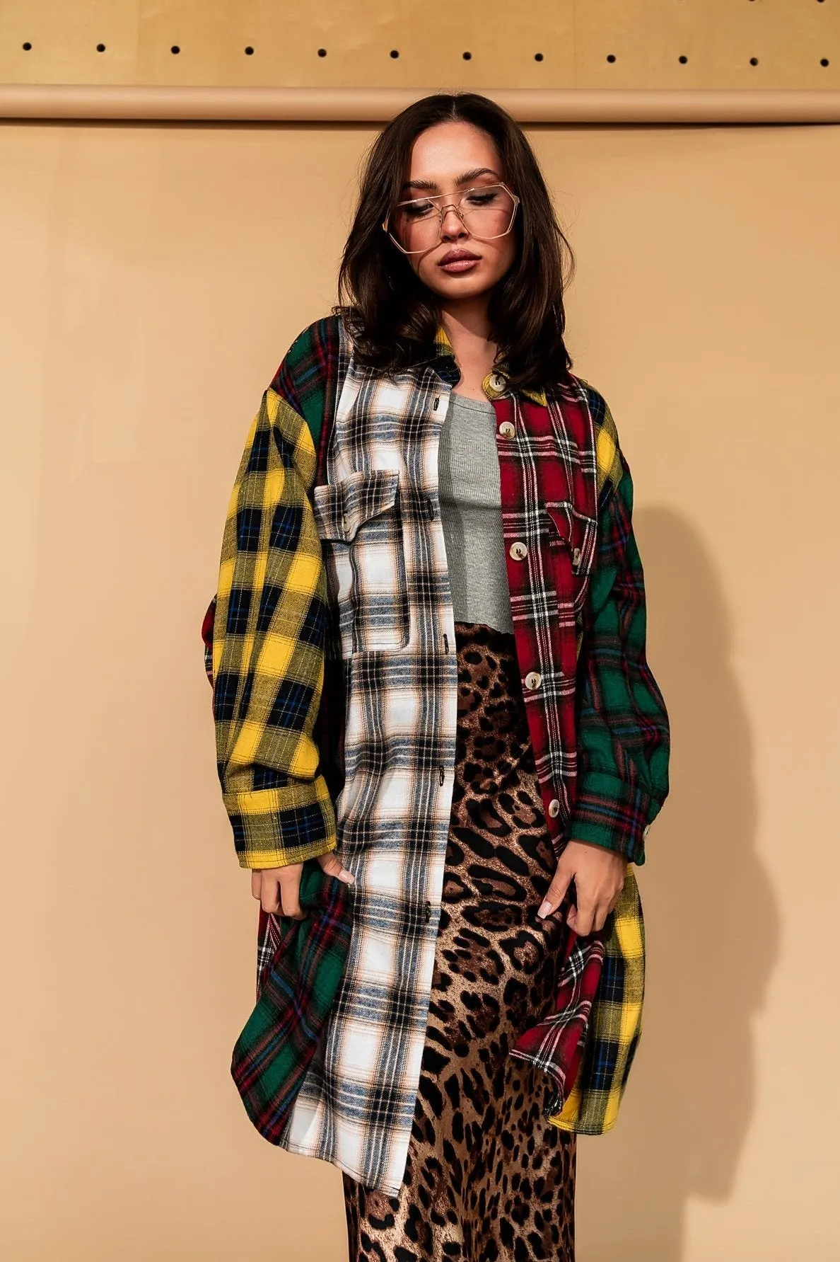 Zuri Oversized Grunge Flannel in Color Block Patchwork