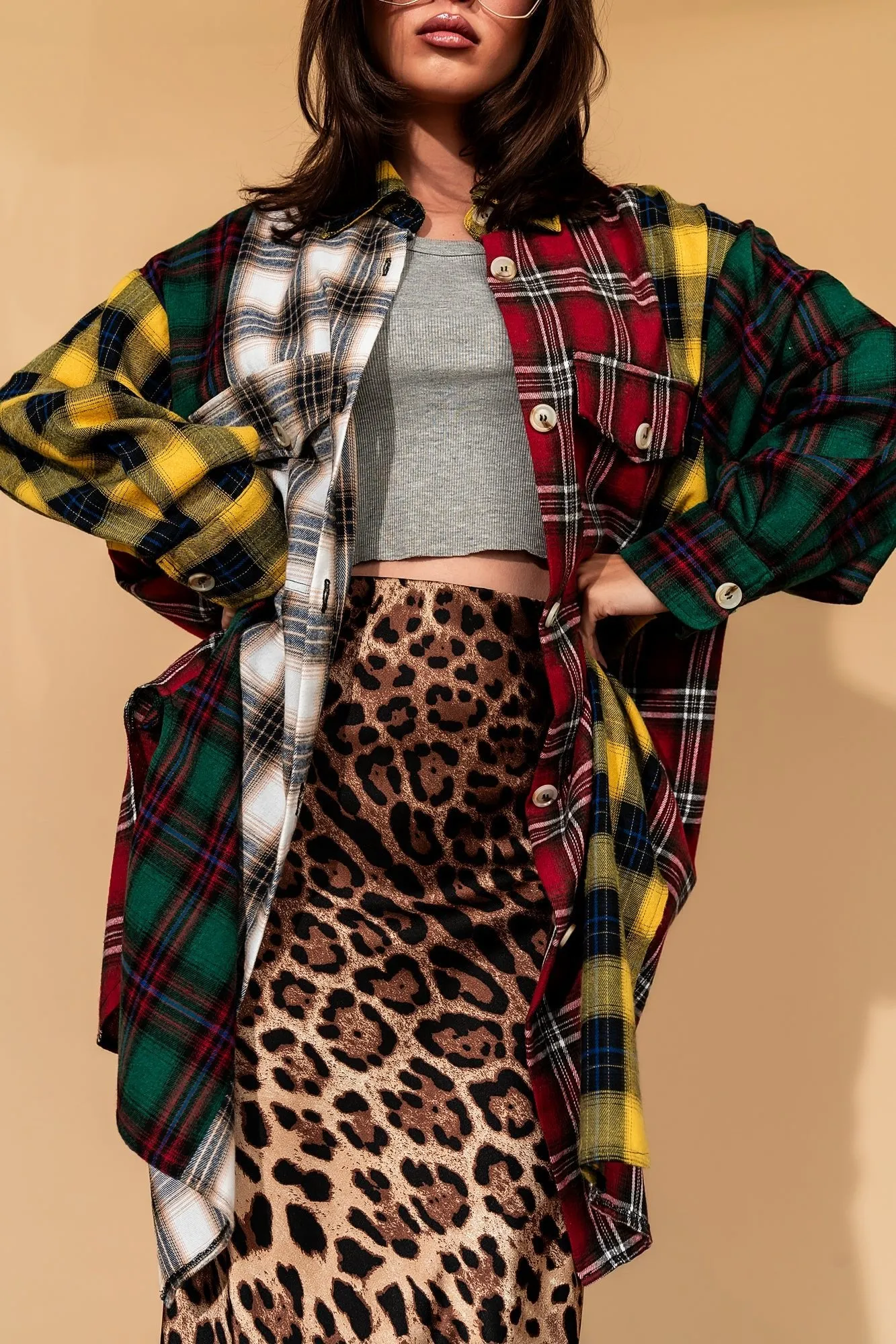 Zuri Oversized Grunge Flannel in Color Block Patchwork