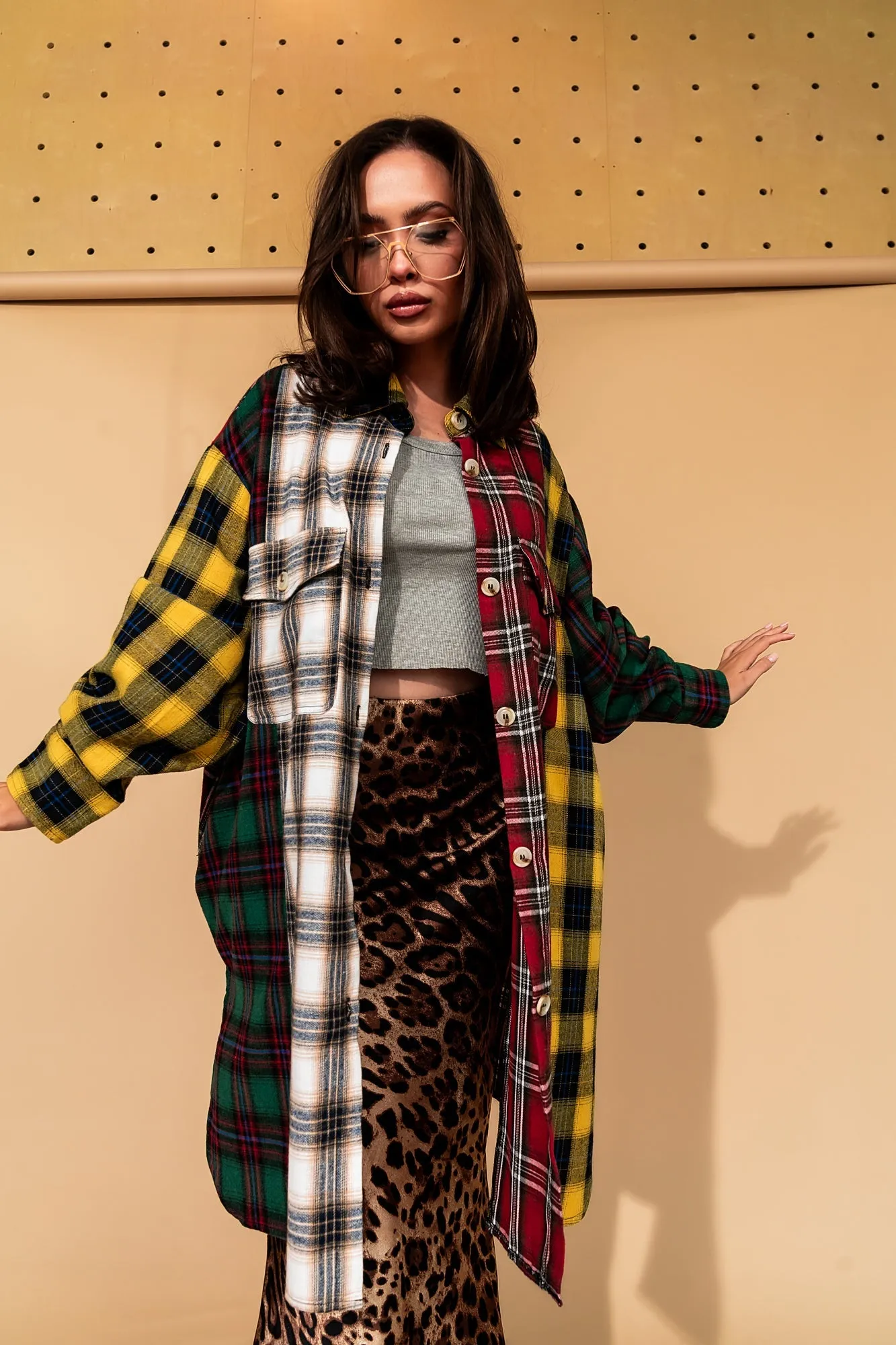 Zuri Oversized Grunge Flannel in Color Block Patchwork