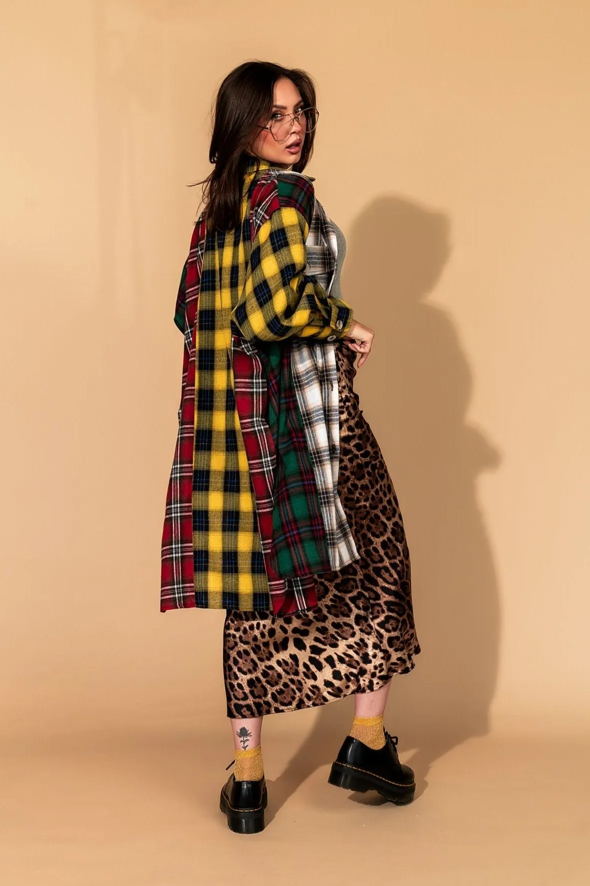 Zuri Oversized Grunge Flannel in Color Block Patchwork