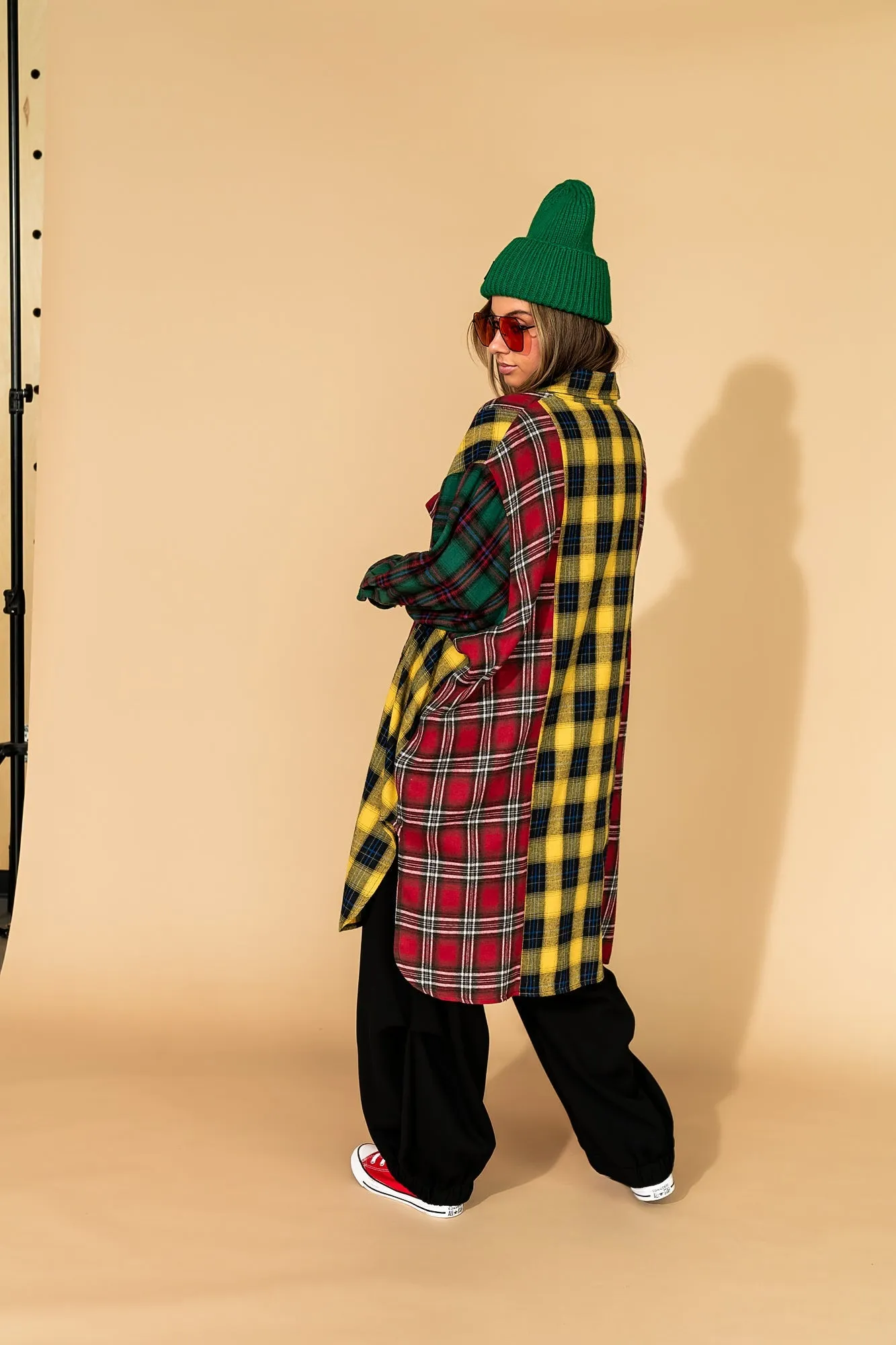 Zuri Oversized Grunge Flannel in Color Block Patchwork